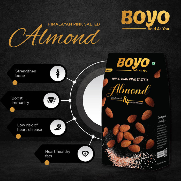 BOYO Roasted Almonds 400 gm (2 x 200g) - Himalayan Pink Salted Badam, Healthy Roasted Snack, Oil Free, Non Fried, Gluten free & 100% Vegan